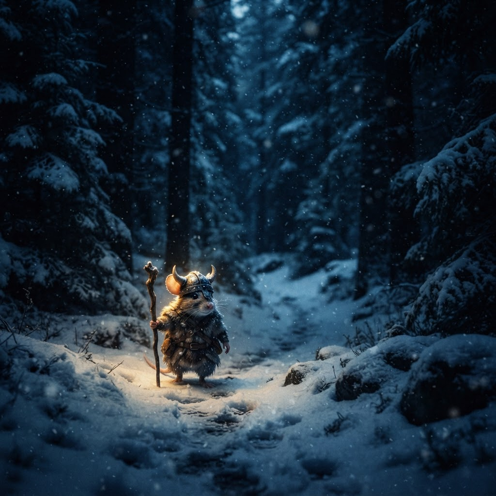 The Viking mouse walking through a dark snowy pine forest under moonlight