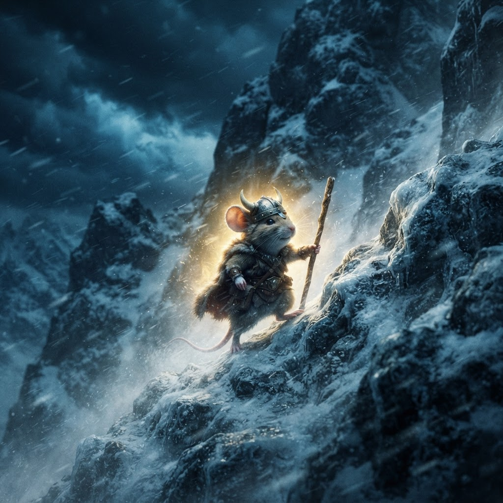 The Viking mouse climbing a steep icy mountain path through a storm