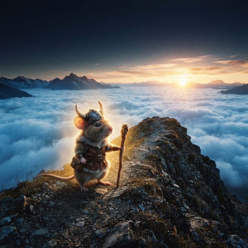 The Viking mouse resting on a narrow ridge above the clouds at sunrise