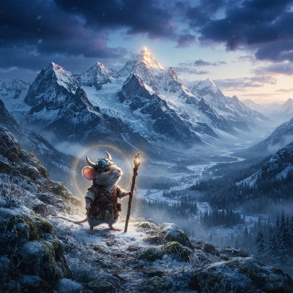 The Viking mouse at the bottom of a huge snowy mountain looking up at the summit